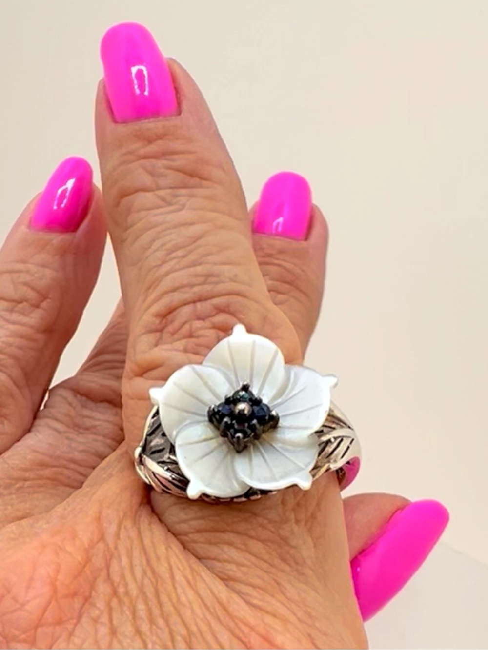 Vintage Lee Sands 925 Sterling MOP and Blue Sapphire Ring - Women Jewelry